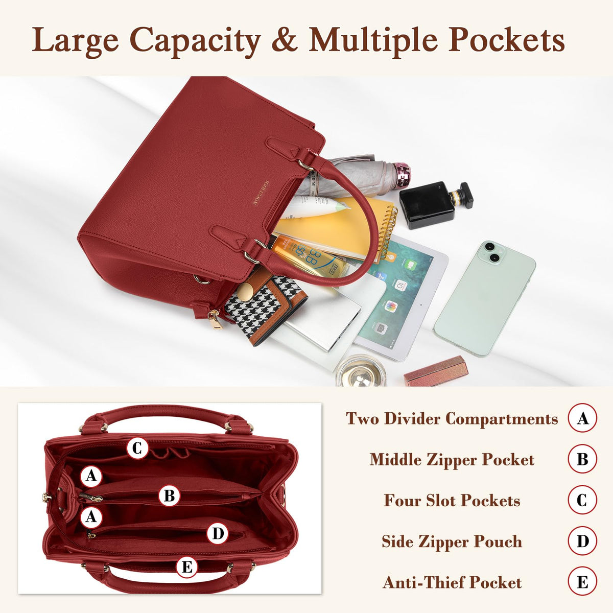 IGOLUMON Top-Handle Handbag Leather Purses for Women Waterproof Crossbody Womens Handbags Anti Theft Tote Purse Ladies