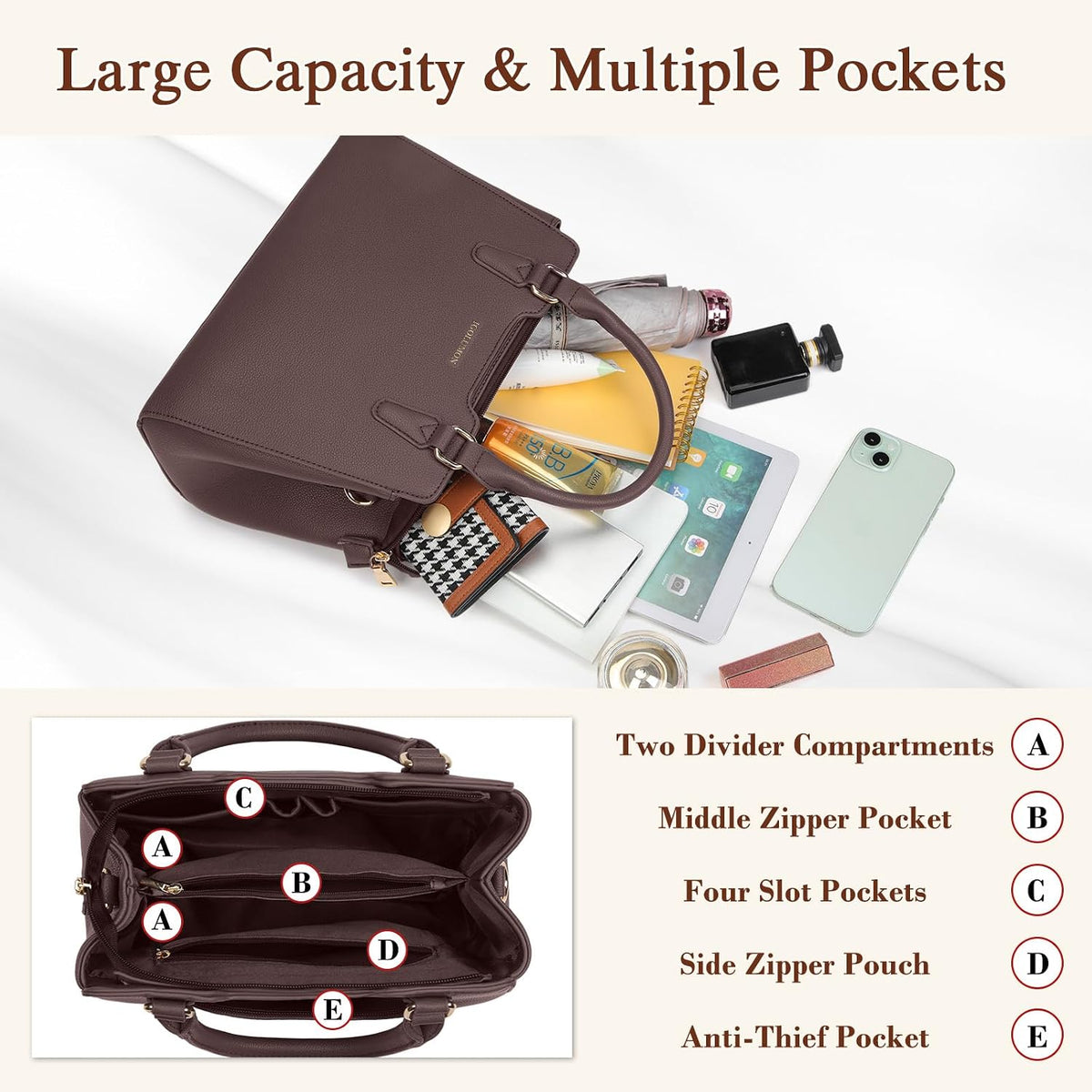 IGOLUMON Top-Handle Handbag Leather Purses for Women Waterproof Crossbody Womens Handbags Anti Theft Tote Purse Ladies