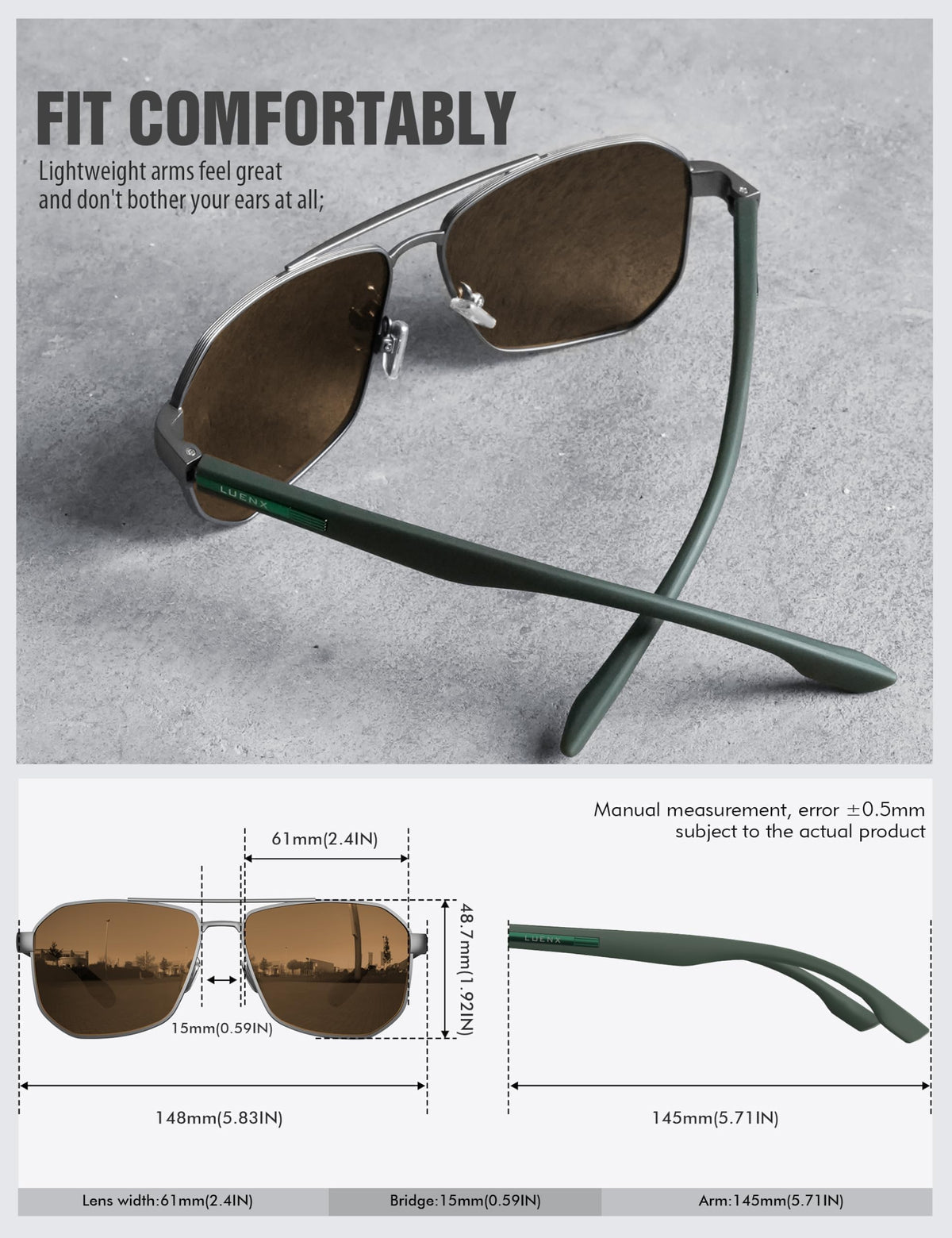 LUENX Aviator Polarized Sunglasses for Men: Square UV400 Driving