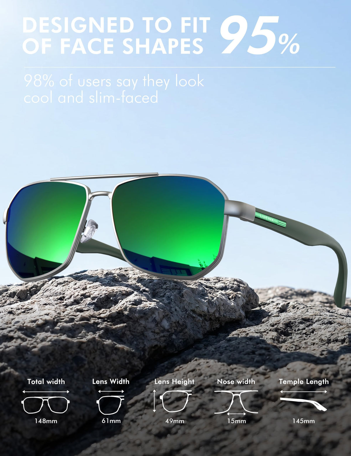 LUENX Aviator Polarized Sunglasses for Men: Square UV400 Driving