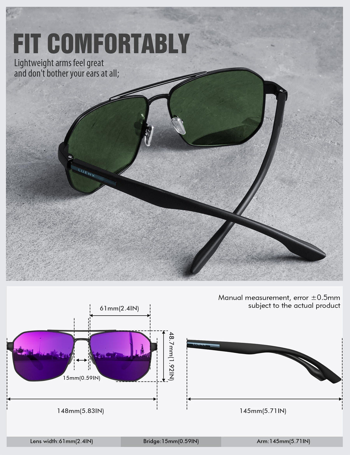 LUENX Aviator Polarized Sunglasses for Men: Square UV400 Driving