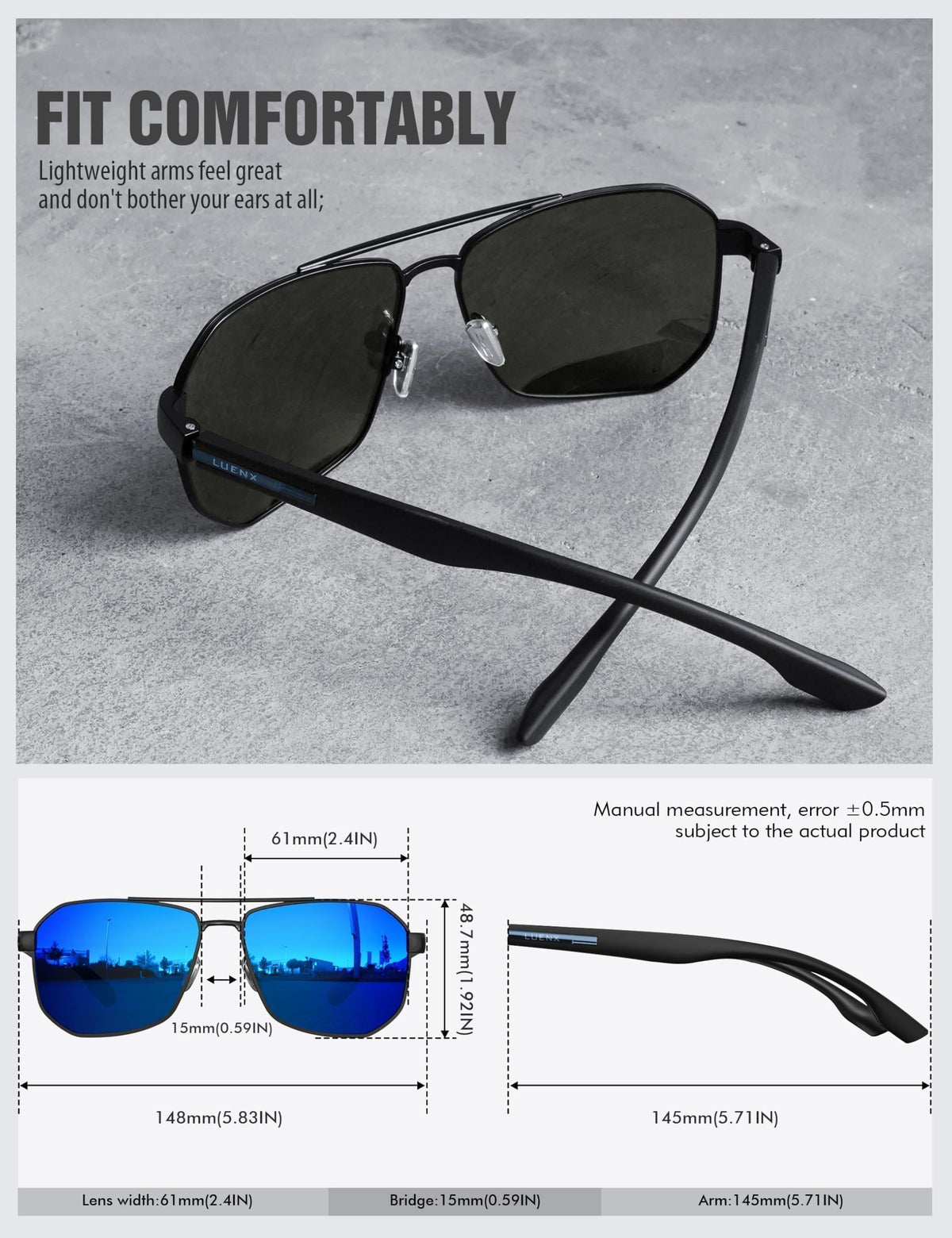 LUENX Aviator Polarized Sunglasses for Men: Square UV400 Driving