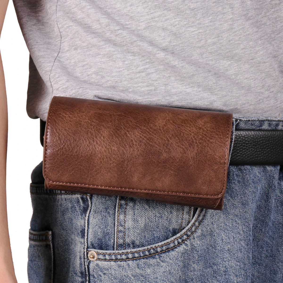Horizontal Style Mobile Phone Wallet for Men with Card Slot Belt Decoration Magnetic Buckle Closure PU Leather Wallet for App...