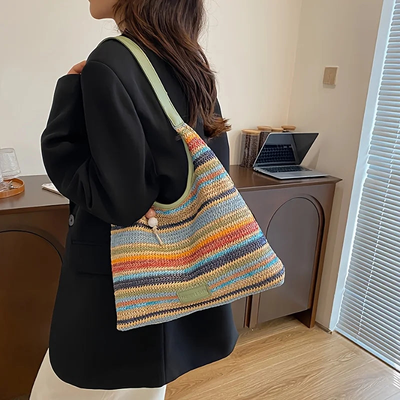 Bohemian Multicolored Striped Handbag with Tassel Decoration A Lightweight Beach Bag Suitable for Travel, Vacation, and Leisure