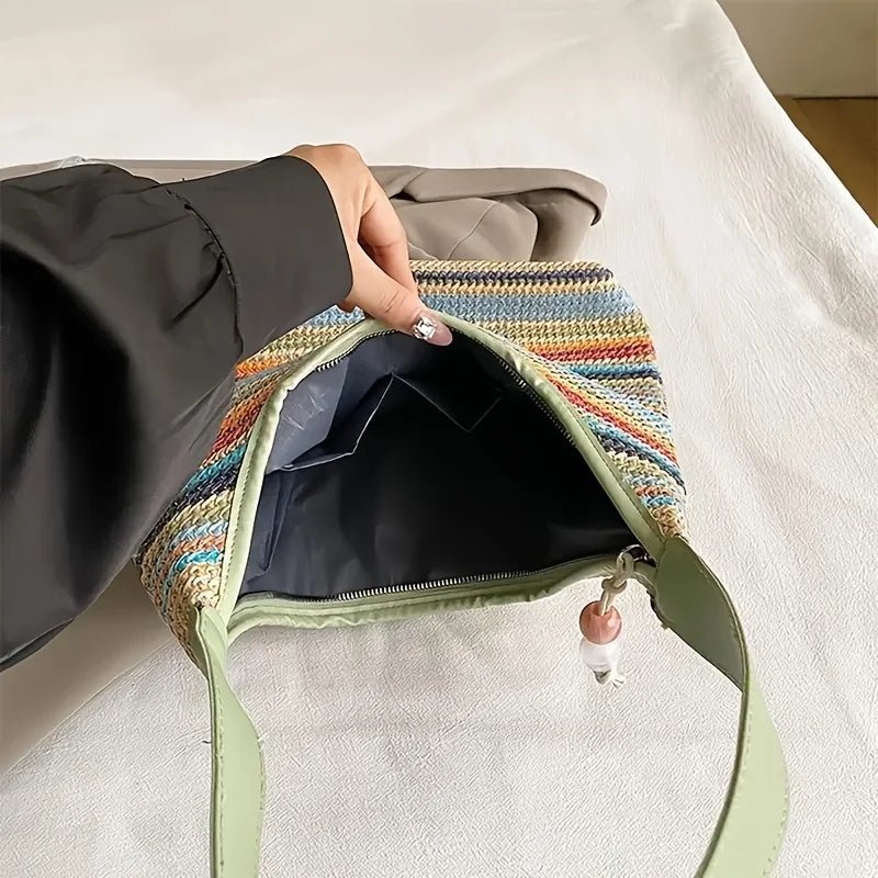 Bohemian Multicolored Striped Handbag with Tassel Decoration A Lightweight Beach Bag Suitable for Travel, Vacation, and Leisure