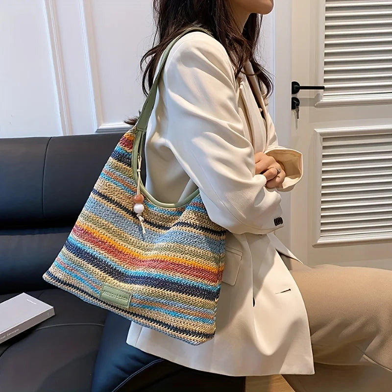 Bohemian Multicolored Striped Handbag with Tassel Decoration A Lightweight Beach Bag Suitable for Travel, Vacation, and Leisure