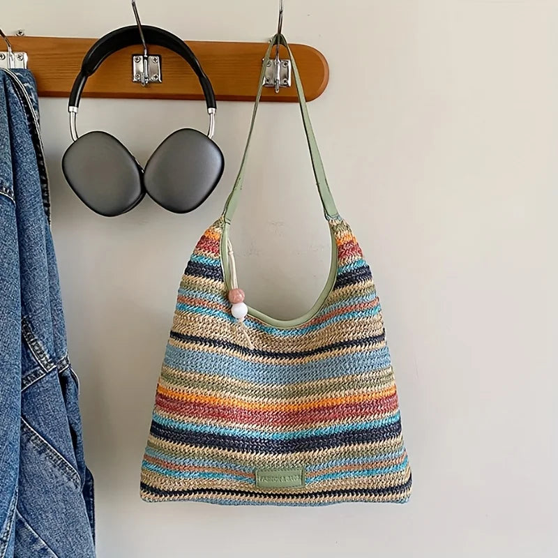 Bohemian Multicolored Striped Handbag with Tassel Decoration A Lightweight Beach Bag Suitable for Travel, Vacation, and Leisure