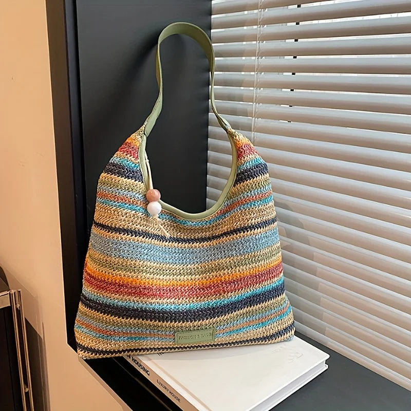 Bohemian Multicolored Striped Handbag with Tassel Decoration A Lightweight Beach Bag Suitable for Travel, Vacation, and Leisure