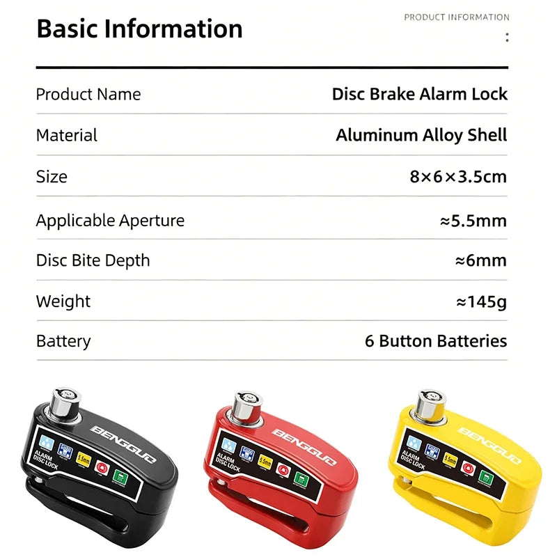 Motorcycle Alarm Lock Bike Disc Lock Warning 110DB Security Alloy Anti Theft Waterproof Brake Rotor Padlock Disc Brake Lock