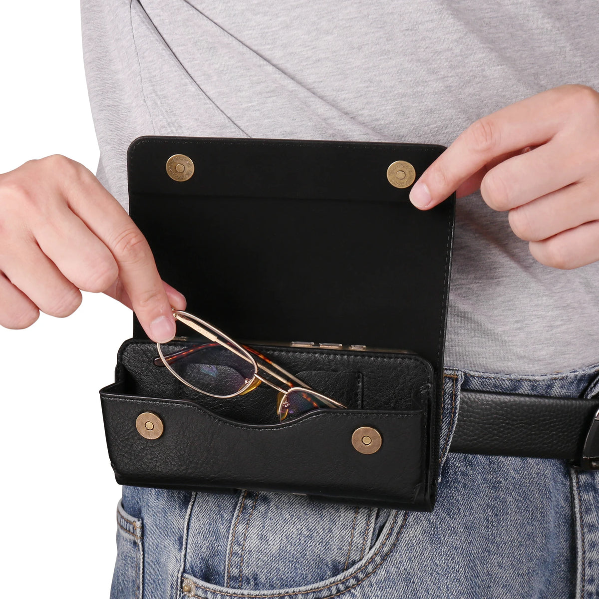 Horizontal Style Mobile Phone Wallet for Men with Card Slot Belt Decoration Magnetic Buckle Closure PU Leather Wallet for App...