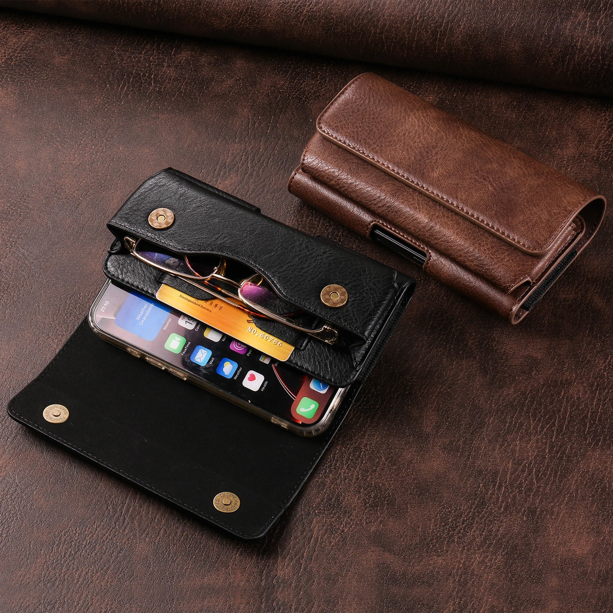 Horizontal Style Mobile Phone Wallet for Men with Card Slot Belt Decoration Magnetic Buckle Closure PU Leather Wallet for App...