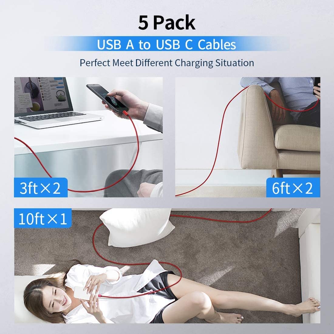 USB C Cable 6ft 5pack CLEEFUN | USB A to USB C Fast Charging USBC Cable