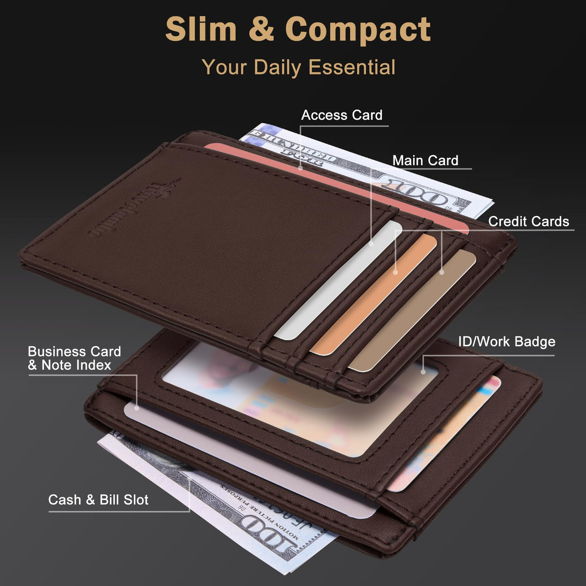 Slim Wallet, Leather, RFID Blocking Medium Size