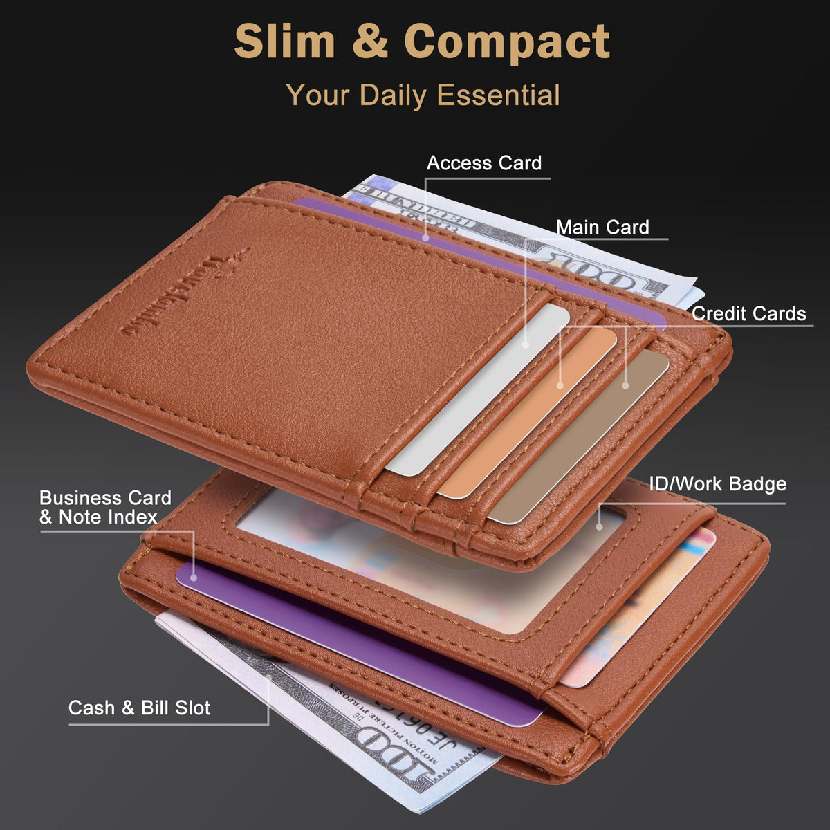 Slim Wallet, Leather, RFID Blocking Medium Size