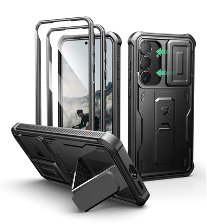 Dexnor for Samsung Galaxy S25 Ultra Case with Built-in Slide Camera Cover &amp; Screen Protector &amp; Kickstand, Heavy-Duty Shockproof Rugged Case Full-Body Bumper Protective Cover - Black
