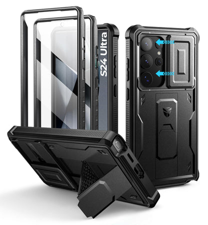 Dexnor for Samsung Galaxy S25 Ultra Case with Built-in Slide Camera Cover &amp; Screen Protector &amp; Kickstand, Heavy-Duty Shockproof Rugged Case Full-Body Bumper Protective Cover - Black