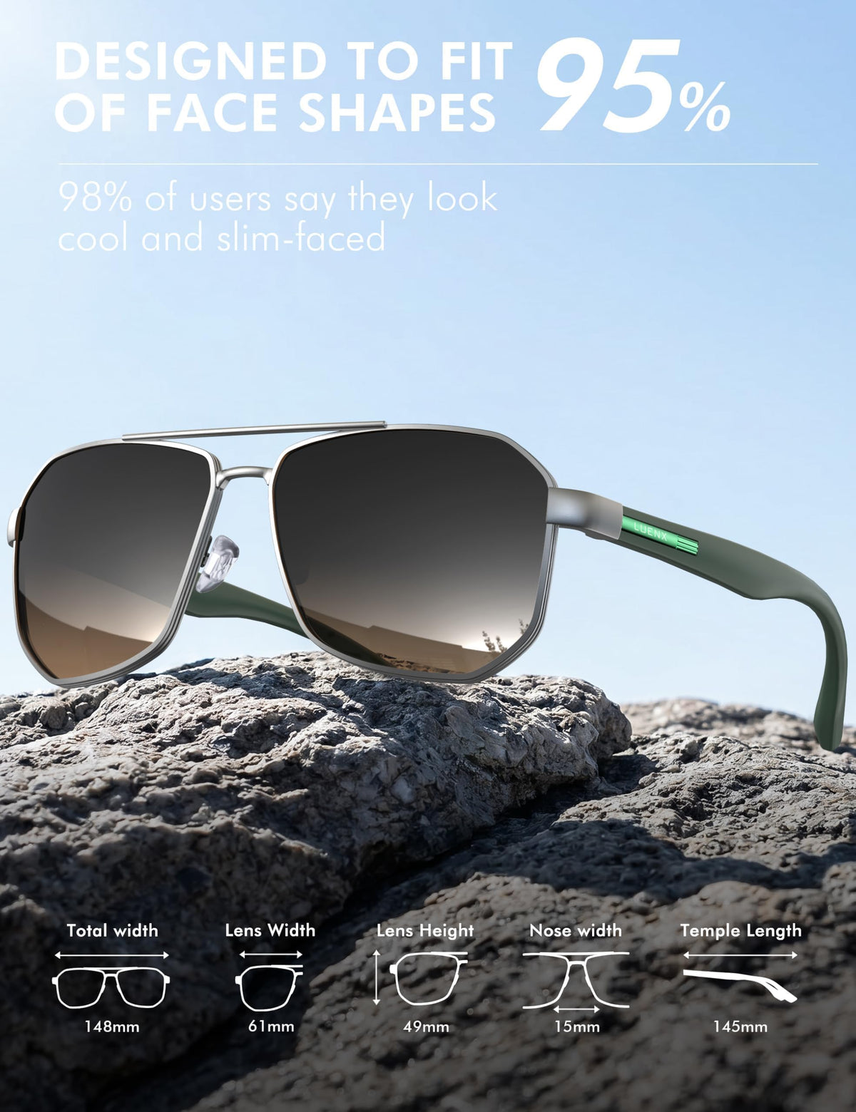LUENX Aviator Polarized Sunglasses for Men: Square UV400 Driving