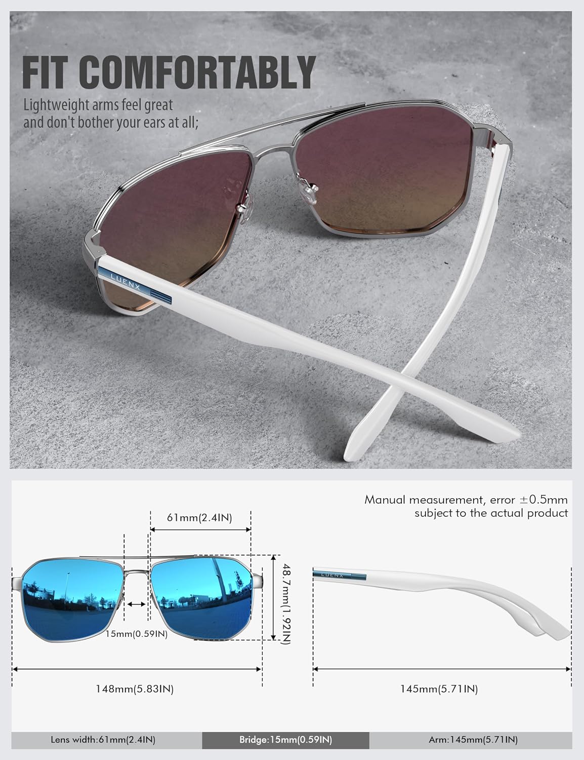 LUENX Aviator Polarized Sunglasses for Men: Square UV400 Driving