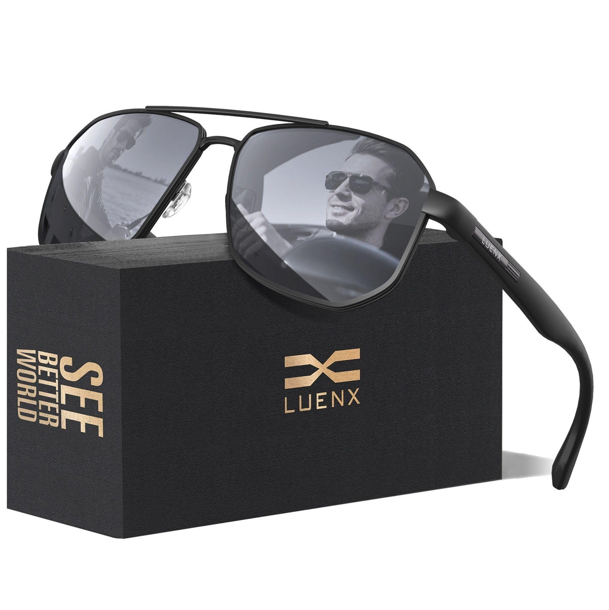 LUENX Aviator Polarized Sunglasses for Men: Square UV400 Driving