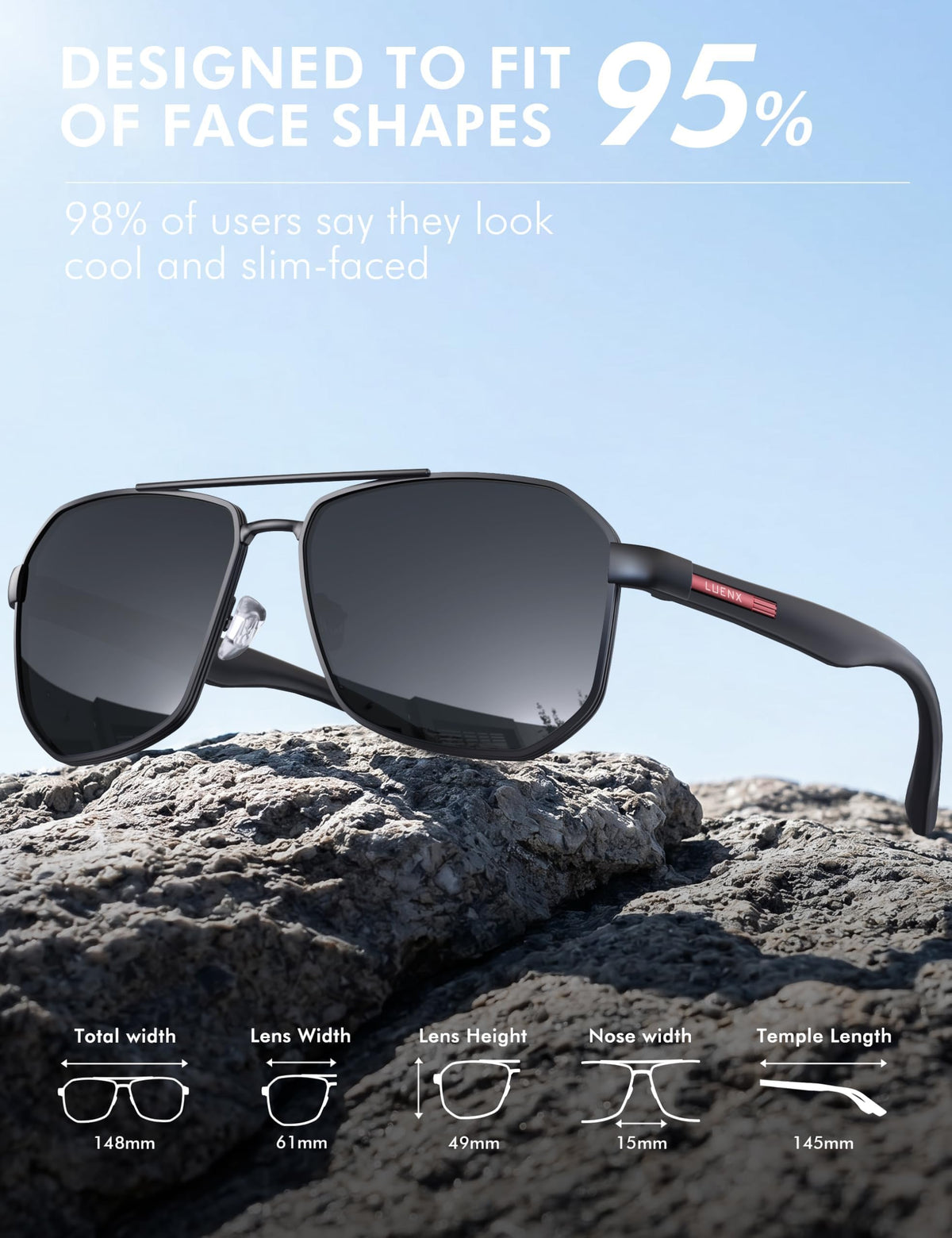 LUENX Aviator Polarized Sunglasses for Men: Square UV400 Driving
