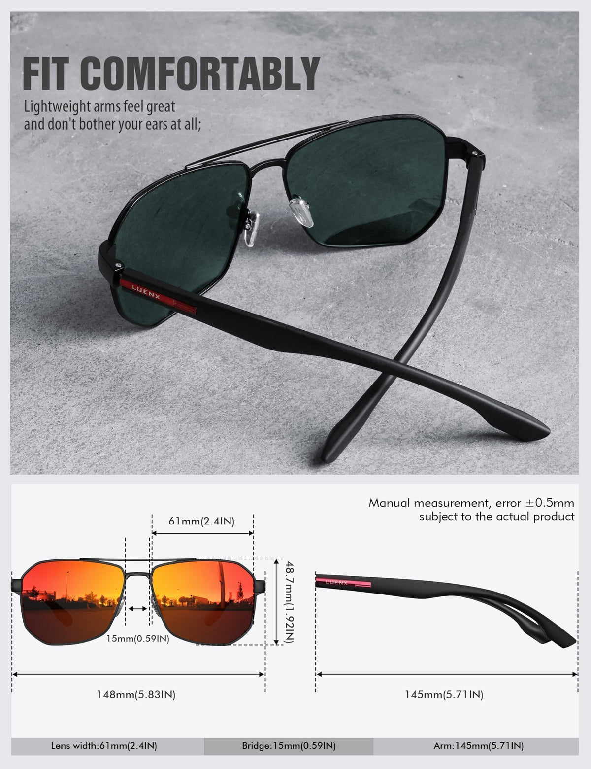 LUENX Aviator Polarized Sunglasses for Men: Square UV400 Driving