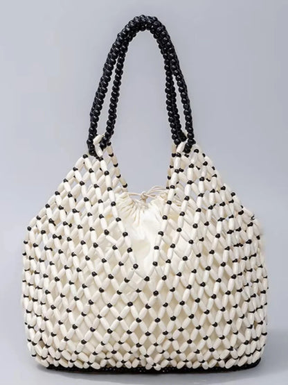Handmade Woven Beaded Handbag For Women Exquisite Hollow-out Wooden Beaded Shoulder Bag Female Beach Bag