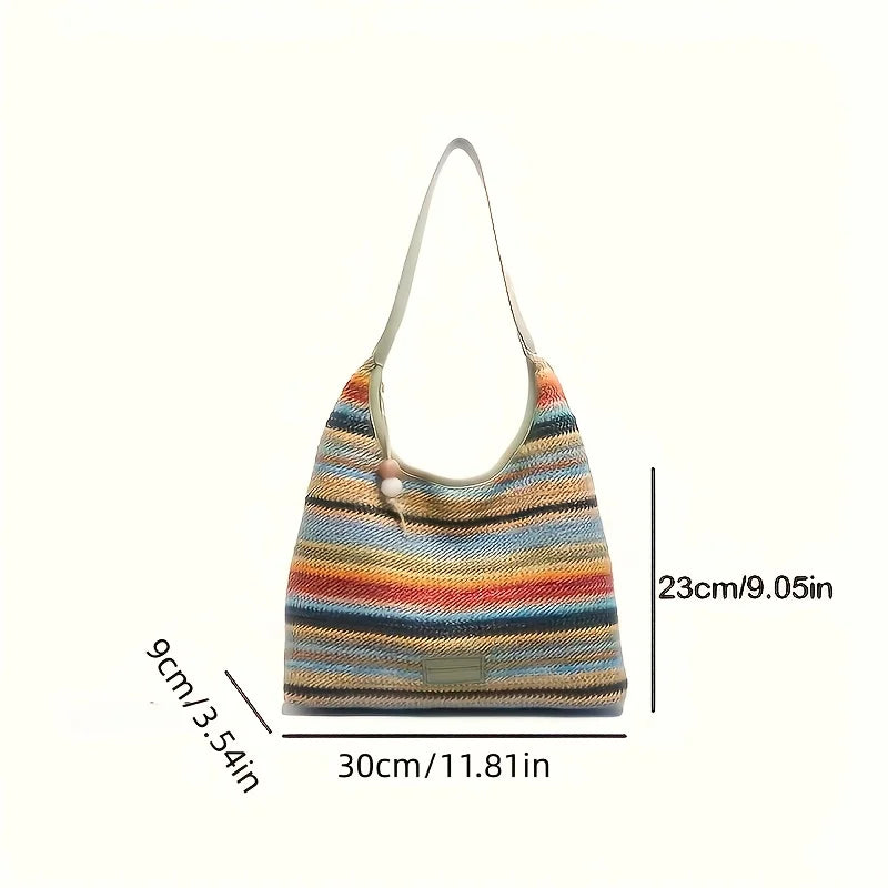 Bohemian Multicolored Striped Handbag with Tassel Decoration  A Lightweight Beach Bag Suitable for Travel, Vacation, and Leisure