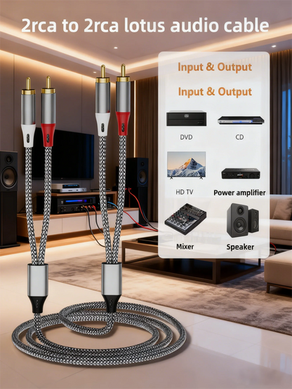Double RCA Audio Cable, 2 Pairs of RCA Cables for Computer, TV, Amplifier, Subwoofer, and Speaker Connection