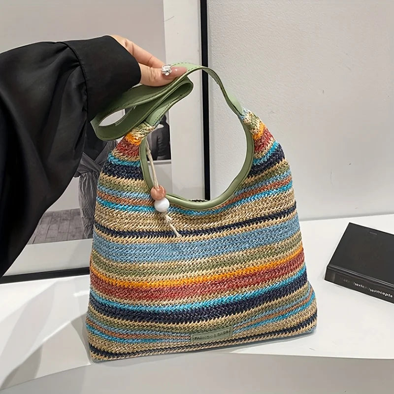 Bohemian Multicolored Striped Handbag with Tassel Decoration  A Lightweight Beach Bag Suitable for Travel, Vacation, and Leisure