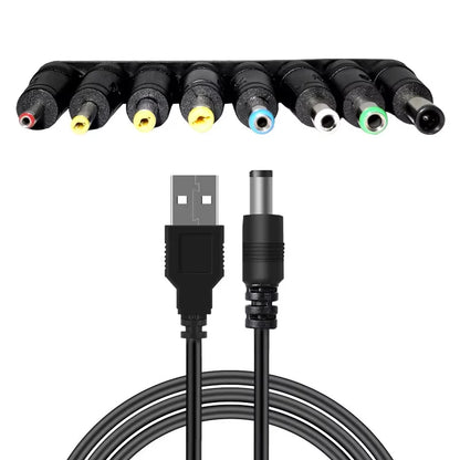 Universal Power Cable USB to DC 5.5 * 2.1mm Jack 5V Charging Cord with 8 Selectable Connector Tips for CCTV Cameras TV Box
