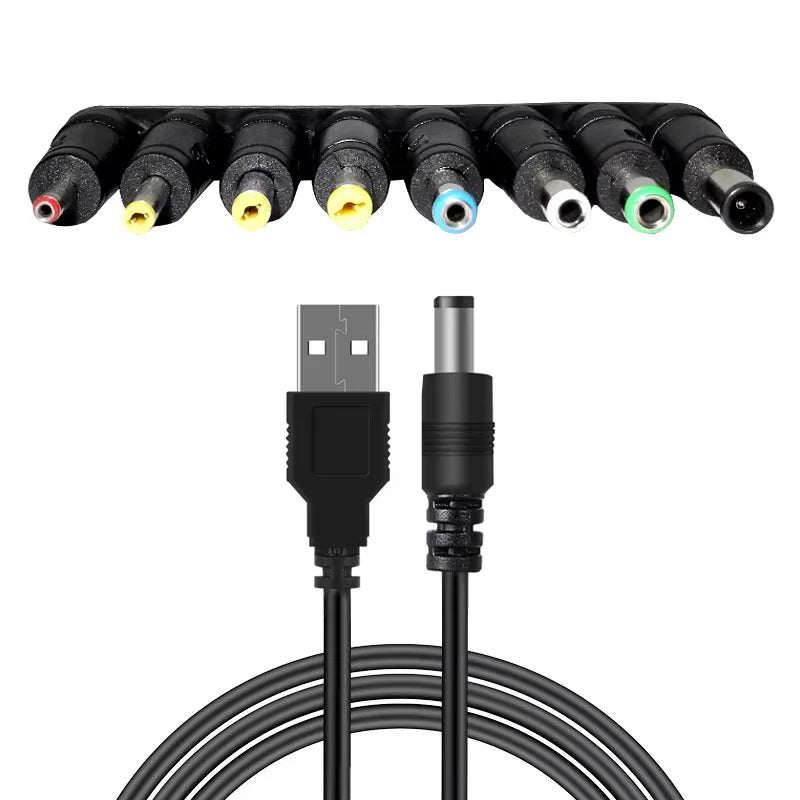 Universal Power Cable USB to DC 5.5 * 2.1mm Jack 5V Charging Cord with 8 Selectable Connector Tips for CCTV Cameras TV Box
