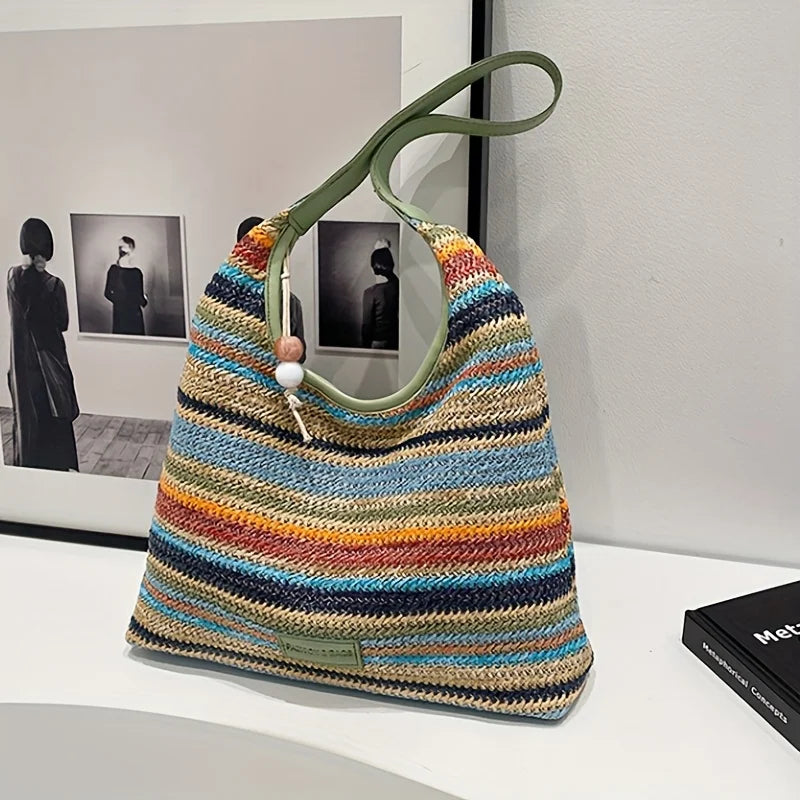 Bohemian Multicolored Striped Handbag with Tassel Decoration  A Lightweight Beach Bag Suitable for Travel, Vacation, and Leisure