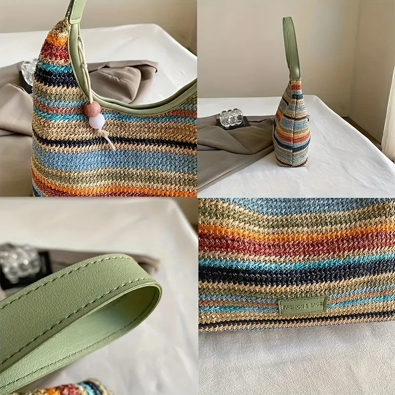 Bohemian Multicolored Striped Handbag with Tassel Decoration  A Lightweight Beach Bag Suitable for Travel, Vacation, and Leisure