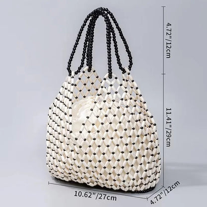 Handmade Woven Beaded Handbag For Women Exquisite Hollow-out Wooden Beaded Shoulder Bag Female Beach Bag