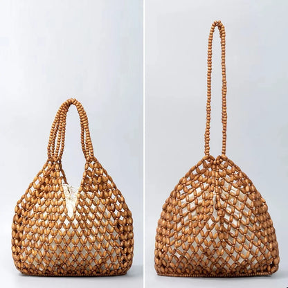 Handmade Woven Beaded Handbag For Women Exquisite Hollow-out Wooden Beaded Shoulder Bag Female Beach Bag