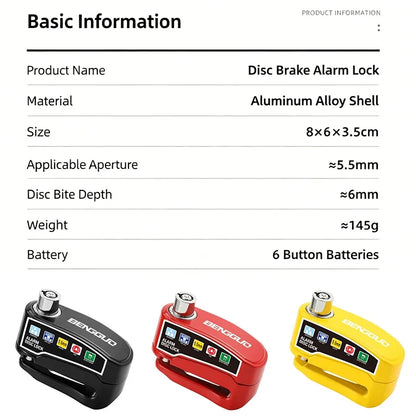 Motorcycle Alarm Lock Bike Disc Lock Warning 110DB Security Alloy Anti Theft Waterproof Brake Rotor Padlock Disc Brake Lock