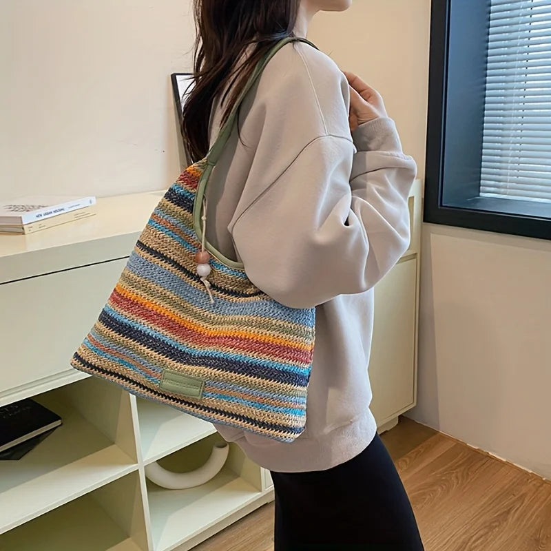 Bohemian Multicolored Striped Handbag with Tassel Decoration  A Lightweight Beach Bag Suitable for Travel, Vacation, and Leisure
